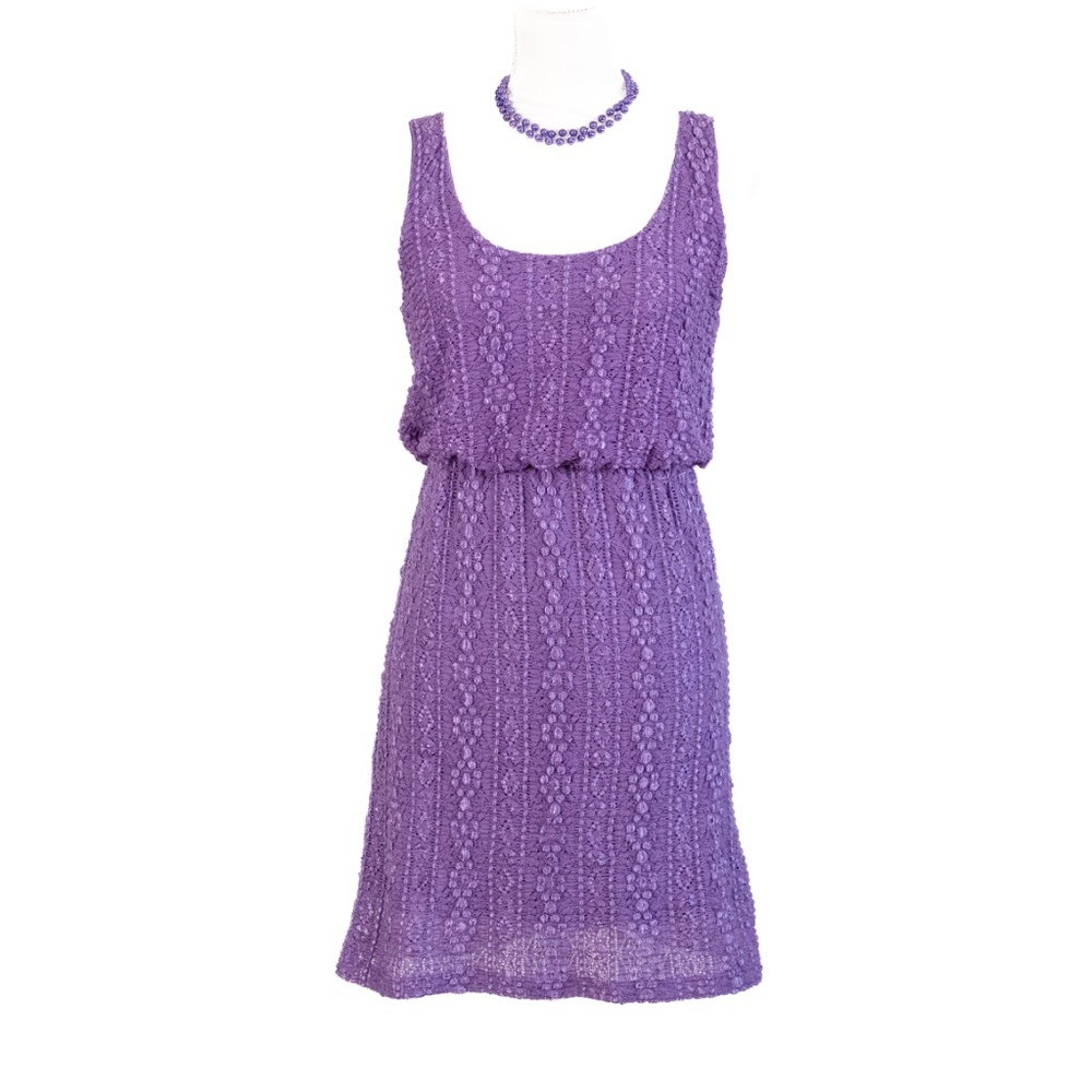 Candie's Purple Lace & Embroidered Gathered Waist Sleeveless Mini Dress, Size S